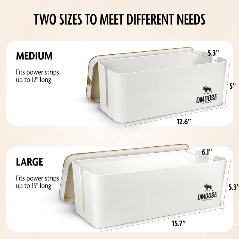 DMoose  Cable Management Box - 2 Pack Medium & Large Cord Organizer for Desk & Floor, Cable Organizer Box for Child & Pet - Cable Box Hider for Tidy Office & Home (Wood Print Lid, White Box, Pack of 2) - Image 2